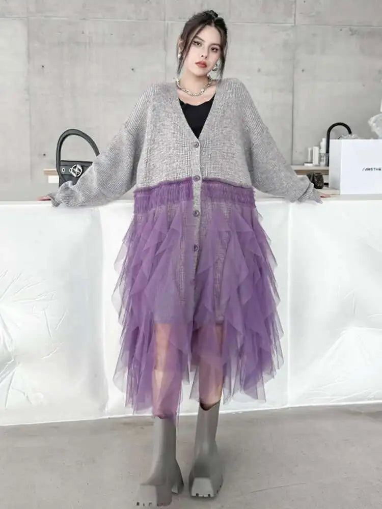 Women Black Big Size Knitting Mesh Irregular Sweater Dress New V-Neck Long Sleeve Fashion Spring Autumn 2025 1DH2366