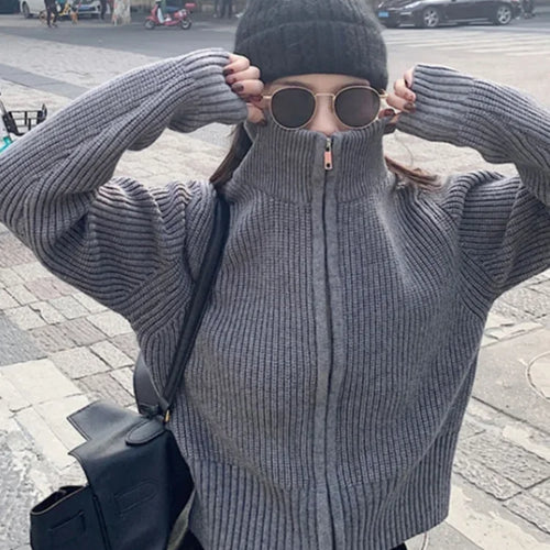 Load image into Gallery viewer, Y2k Aesthetic Harajuku Cardigan Mujer Kardigan Turtleneck Streetwear Grey Crop Tops Zipper 2025 Autumn All Match Solid  Sweater
