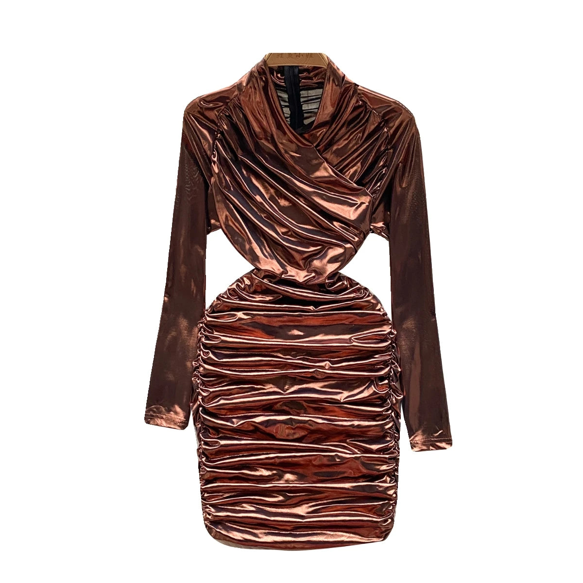 French Solid Elegant Office Ruched Holiday Party Wrapped Hip Mini Dress Women Short Pleated Zipper Evening Dress Popular Autumn