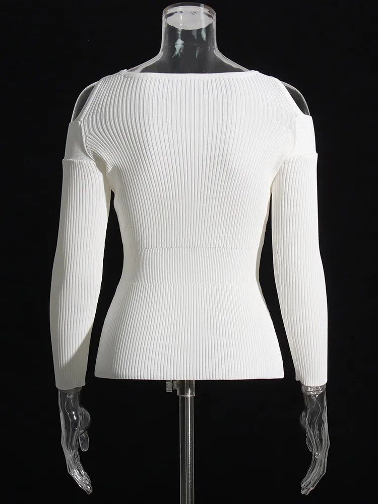 Minimalist Square Collar Long Sleeve Hollow Out Pullover Knitting Sweater Female Fashion Autumn Clothing