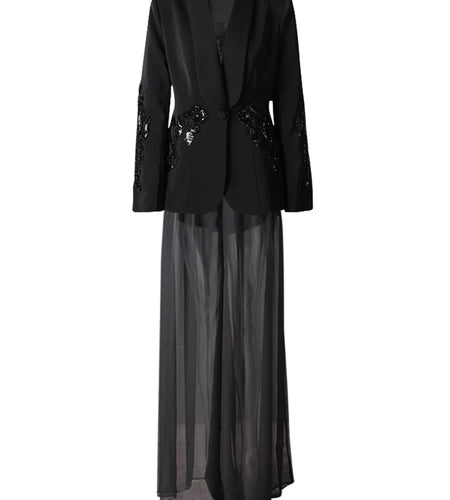 Big Size Sequins Blazer Mesh Long Pants Two Piece Suit New Lapel Long Sleeve Women Fashion Tide Spring Autumn 2025 35Z1664