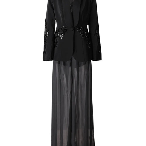 Load image into Gallery viewer, Big Size Sequins Blazer Mesh Long Pants Two Piece Suit New Lapel Long Sleeve Women Fashion Tide Spring Autumn 2025 35Z1664
