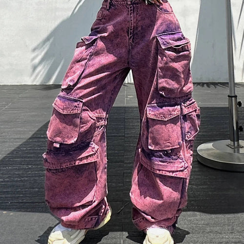 Load image into Gallery viewer, Gradient Patchwork Pocket Denim Cargo Pants For Women High Waist Spliced Button Streetwear Full Length Trousers Female
