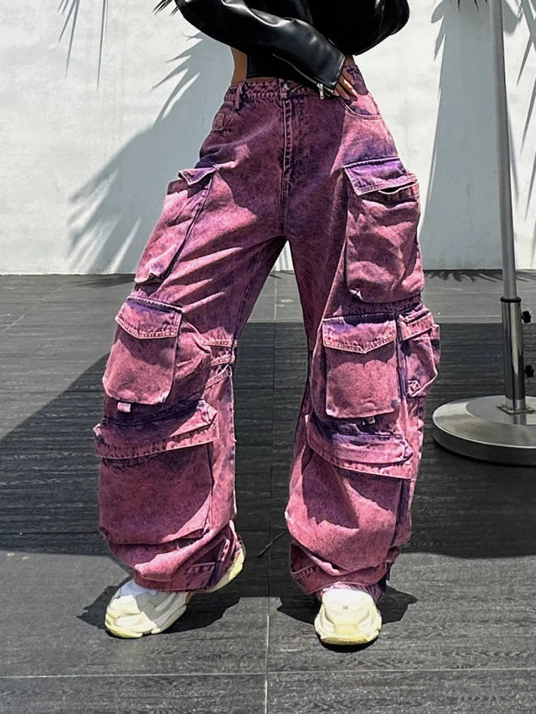 Gradient Patchwork Pocket Denim Cargo Pants For Women High Waist Spliced Button Streetwear Full Length Trousers Female