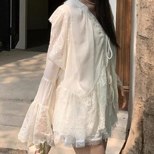 Load image into Gallery viewer, Solid Loose Spliced Lace Elegant Blouses for Women V Neck Long Sleeves Patchwork Lace Up Fashion Bloaue Female New
