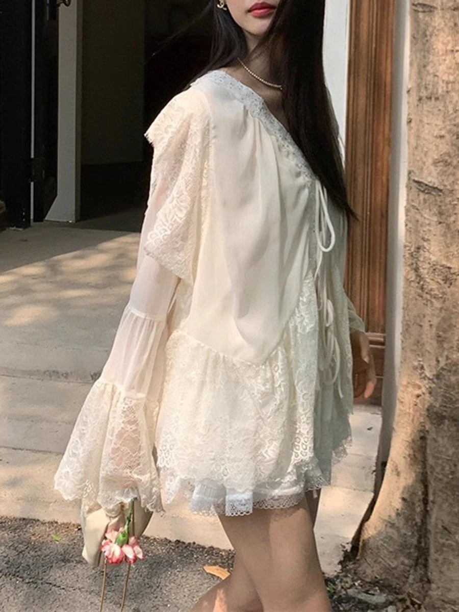 Solid Loose Spliced Lace Elegant Blouses for Women V Neck Long Sleeves Patchwork Lace Up Fashion Bloaue Female New