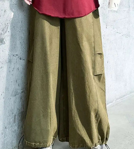 High Elastic Waist Yellow Pocket Drawstring Long Wide Leg Pants New Trousers Women Fashion Tide Spring Autumn 2025 1DH9933