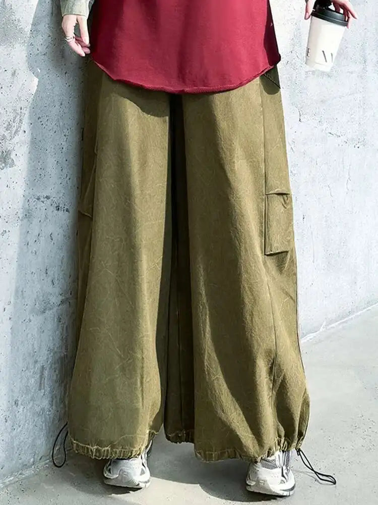 High Elastic Waist Yellow Pocket Drawstring Long Wide Leg Pants New Trousers Women Fashion Tide Spring Autumn 2025 1DH9933