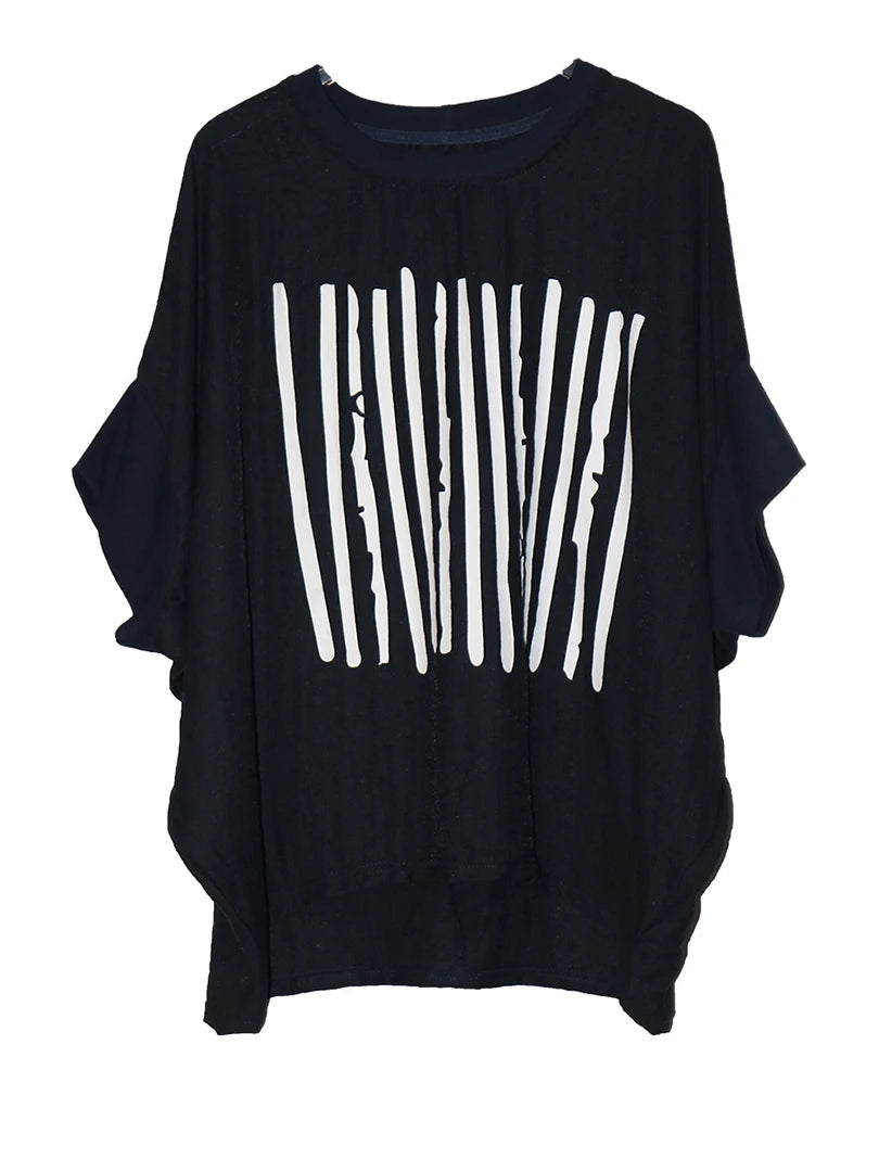 Women Beige Striped Printed Big Size Thin T-shirt New Round Neck Half Batwing Sleeve Fashion Spring Summer 2025 1DJ1570