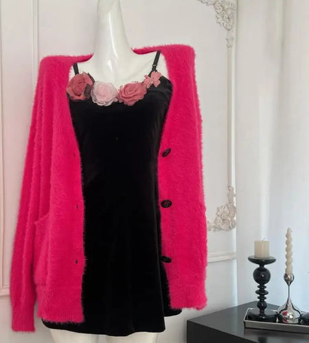 New Rose Red V-neck Single Breasted Knitted Cardigan Warm Tops Women Long Sleeve Loose Casual Sweater 2024 Autumn Winter Fashion