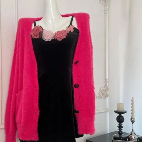 Load image into Gallery viewer, New Rose Red V-neck Single Breasted Knitted Cardigan Warm Tops Women Long Sleeve Loose Casual Sweater 2024 Autumn Winter Fashion
