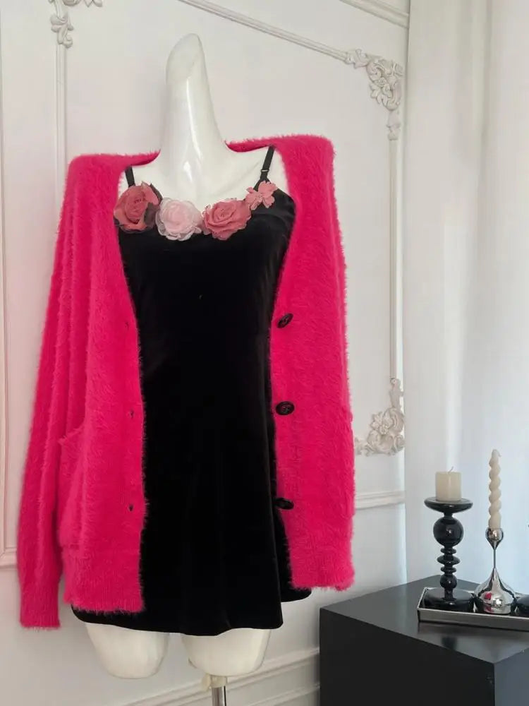 New Rose Red V-neck Single Breasted Knitted Cardigan Warm Tops Women Long Sleeve Loose Casual Sweater 2024 Autumn Winter Fashion