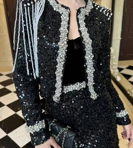 Solid Spliced Sequins Two Piece Sets for Women O Neck Long Sleeves Top Mini Skirt Patchwork Bead Elegant Set Female