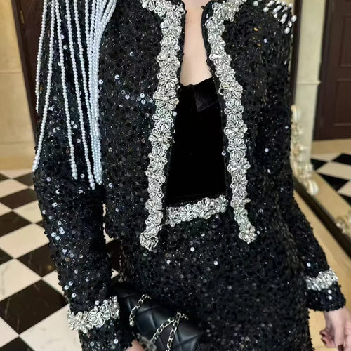 Load image into Gallery viewer, Solid Spliced Sequins Two Piece Sets for Women O Neck Long Sleeves Top Mini Skirt Patchwork Bead Elegant Set Female
