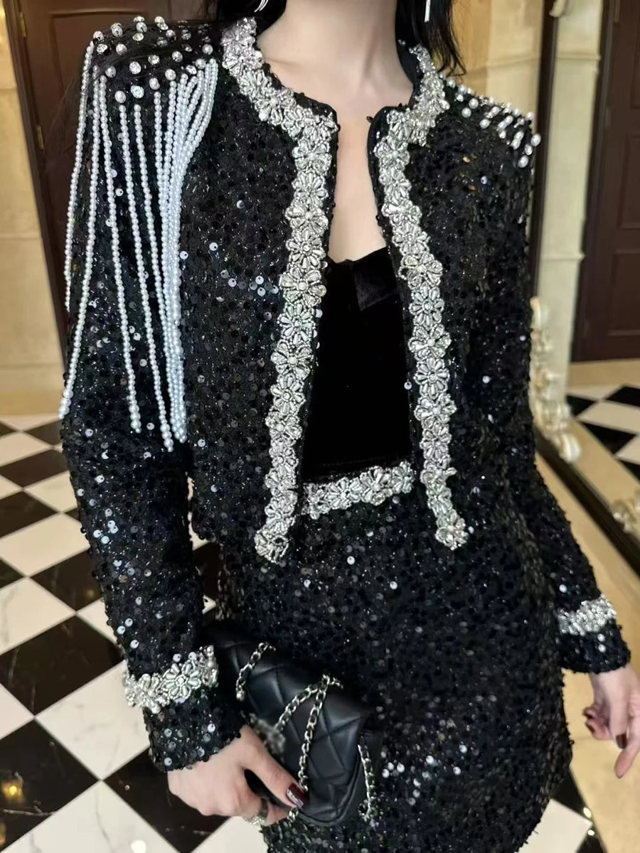 Solid Spliced Sequins Two Piece Sets for Women O Neck Long Sleeves Top Mini Skirt Patchwork Bead Elegant Set Female