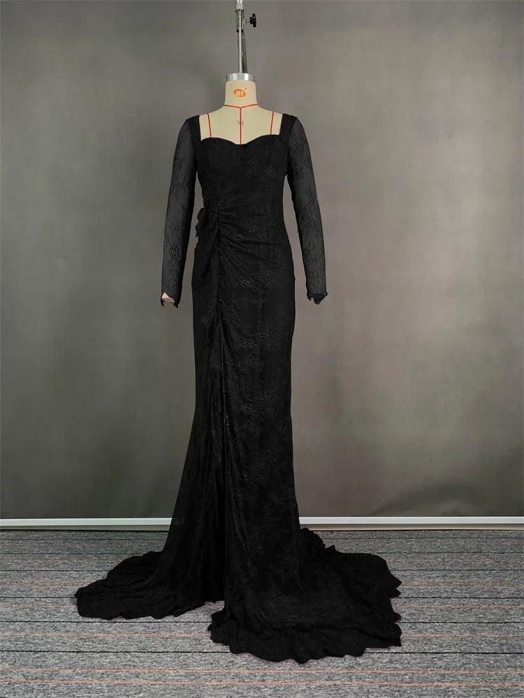 Womens Black Wedding Dresses for Party Evening Formal Bodycon Autumn Floor-Length Elegant Woman Lace Long Dress