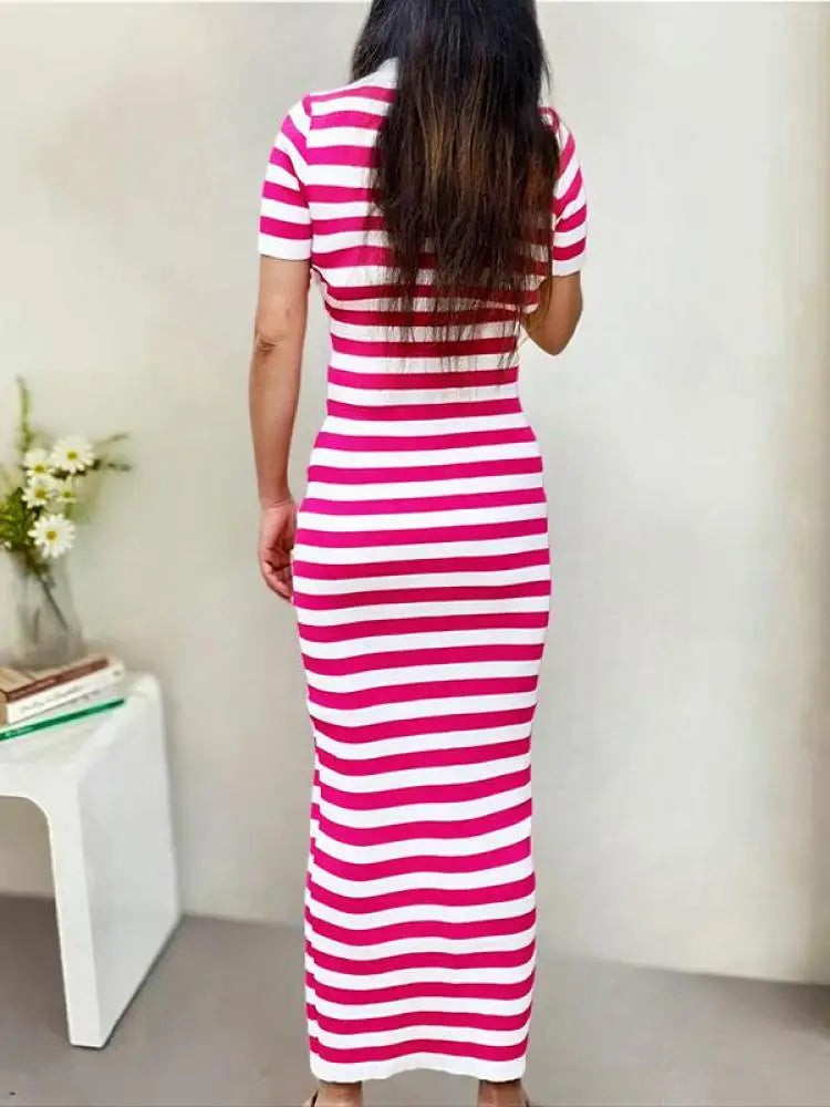 Korean Fashion Black Green Rose Red Stripe Patchwork Knitted Long Dress Women Summer Elegant Slim Short Sleeve Split Dress Trend