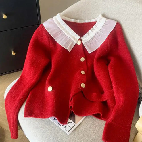 Load image into Gallery viewer, Women White Patchwork Cardigan Sweater Red Long Sleeve Ruffles Doll Collar Office Lady Knit Button Tops 2024 Spring Autumn Trend
