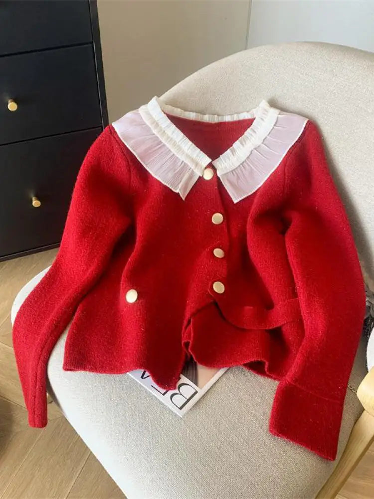 Women White Patchwork Cardigan Sweater Red Long Sleeve Ruffles Doll Collar Office Lady Knit Button Tops 2024 Spring Autumn Trend