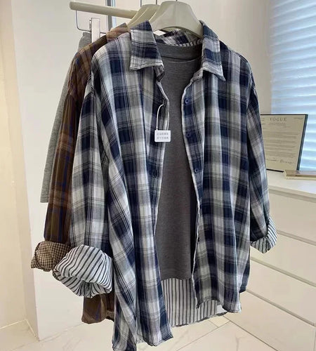 Autumn Vintage Blue Checkered Single Breasted Shirt Women New Brown Plaid Casual Loose Long Sleeve Fashion Versatile Blouses Top