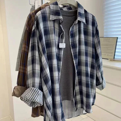 Load image into Gallery viewer, Autumn Vintage Blue Checkered Single Breasted Shirt Women New Brown Plaid Casual Loose Long Sleeve Fashion Versatile Blouses Top
