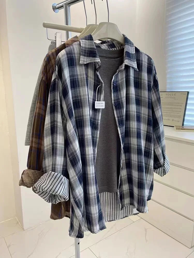 Autumn Vintage Blue Checkered Single Breasted Shirt Women New Brown Plaid Casual Loose Long Sleeve Fashion Versatile Blouses Top