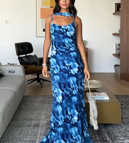 Halter Backless Print Sexy Maxi Dress For Women Gown Elegant Blue Printed Lace-up Sleeveless Evening Long Dress