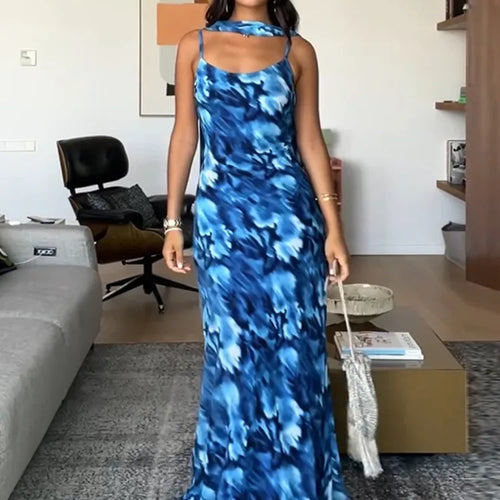 Load image into Gallery viewer, Halter Backless Print Sexy Maxi Dress For Women Gown Elegant Blue Printed Lace-up Sleeveless Evening Long Dress

