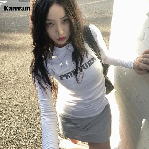 Load image into Gallery viewer, Grunge Letter Print T-shirt Korean Fashion Long Sleeve Tee Shirt Vintage Japanese Harajuku Slim Tops Kpop Streetwear Y2k
