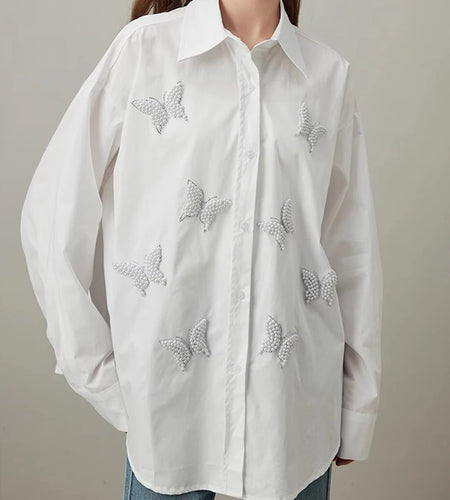 Solid Spliced Pearl Loose Blouses For Women Lapel Long Sleeve Patchwork Button Shirts Female Fashion Style Clothes
