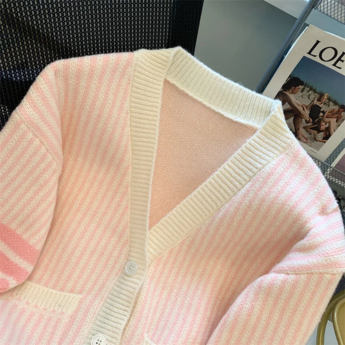 Load image into Gallery viewer, Pink Striped Single Breasted Cotton Sweater Women 2024 Autumn Winter New Blue Patchwork V-neck Knit Cardigan Tops Versatile Chic
