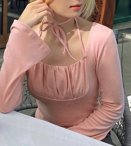 Sweet Pink Halter Flare Sleeve Women T-shirts Slim Korean Fold Autumn Tee Coquette Clothing Square Neck Top Cutecore