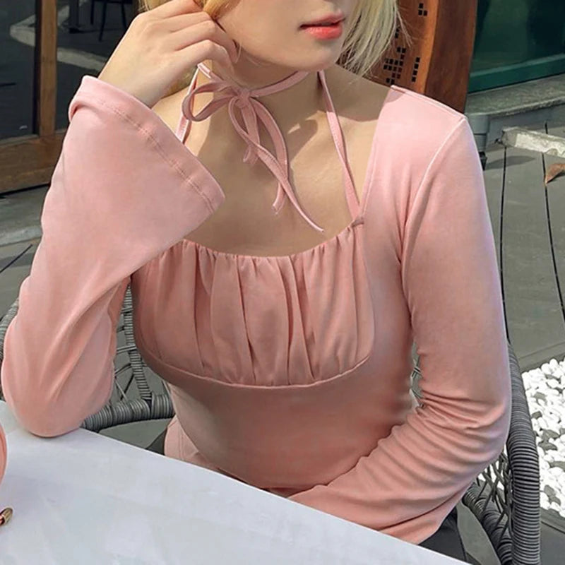 Sweet Pink Halter Flare Sleeve Women T-shirts Slim Korean Fold Autumn Tee Coquette Clothing Square Neck Top Cutecore