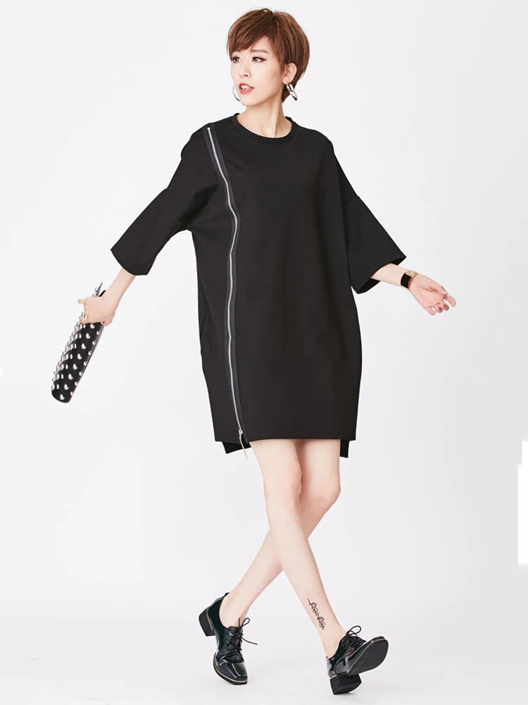 Women Black Zipper Irregular Big Size Long T-shirt New Round Neck Half Sleeve Fashion Tide Spring Summer 2025 1DJ1877