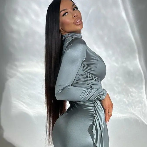 Load image into Gallery viewer, Women's V-Neck Long Sleeved Elastic Tight Lace Up Evening Dress, Slim Pleated, Temperament Female Dress, Party Clubwear,
