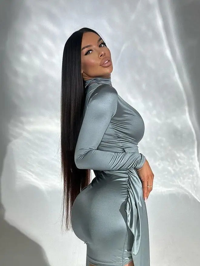 Women's V-Neck Long Sleeved Elastic Tight Lace Up Evening Dress, Slim Pleated, Temperament Female Dress, Party Clubwear,