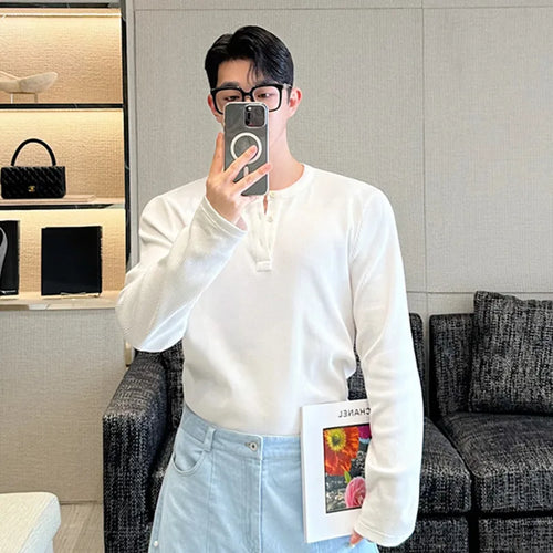 Load image into Gallery viewer, Korean Style Men&#39;s T-Shirt Summer Half Open Henry Collar Three-button Top Chic Tees Male Clothing Simple 9C5849
