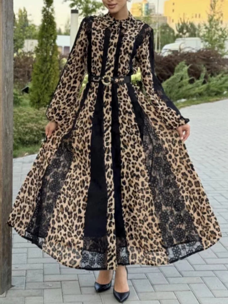 Leopard Printing Vintage Dresses For Women Lapel Long Sleeve High Waist Casual Loose Dress Female Fashion Female Fashion New