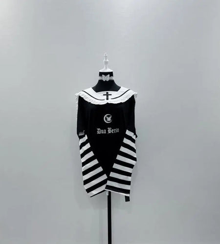 Japanese Y2k Tops Women Clothes Contrast Color Striped Tshirt Sailor Collar Punk Camisetas Casual Fashion Long Sleeve T Shirts