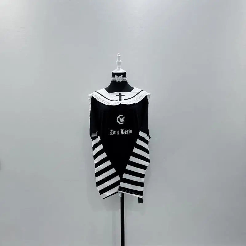 Japanese Y2k Tops Women Clothes Contrast Color Striped Tshirt Sailor Collar Punk Camisetas Casual Fashion Long Sleeve T Shirts