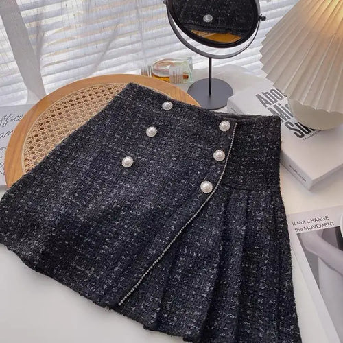 Load image into Gallery viewer, Autumn Winter Retro Plaid Slim Pleated A-line Woolen Half-length Skirt Womens Irregular Pearl Buckle High Waist Mini Tweed Skirt
