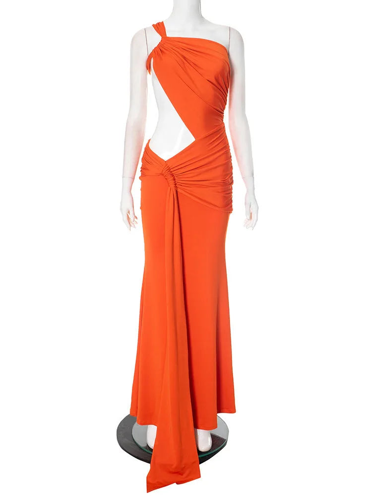 Irregular Ruched Sexy Maxi Dress For Women Gown Hollow Out One Shoulder Sleevelessdraped Bodycon Club Party Long Dress