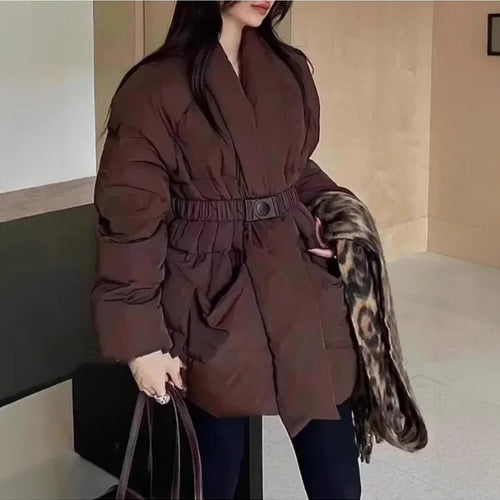 Load image into Gallery viewer, Solid Spliced Belt Loose Jackets for Women V Neck Long Sleeve Temperament Parkas Female Fashion Style
