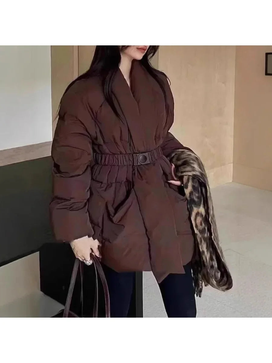 Solid Spliced Belt Loose Jackets for Women V Neck Long Sleeve Temperament Parkas Female Fashion Style