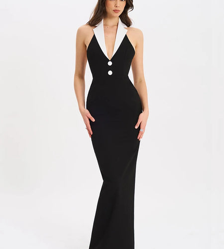Halter Backless Sexy Maxi Dress For Women Gown Contrast Color Notched Collar Sleeveless Bodycon Club Party Tank Dress