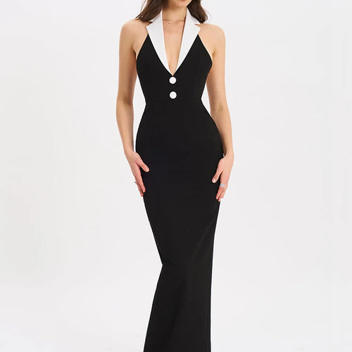 Load image into Gallery viewer, Halter Backless Sexy Maxi Dress For Women Gown Contrast Color Notched Collar Sleeveless Bodycon Club Party Tank Dress
