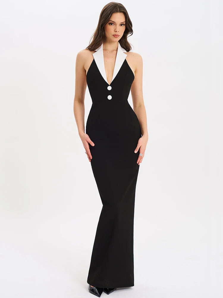Halter Backless Sexy Maxi Dress For Women Gown Contrast Color Notched Collar Sleeveless Bodycon Club Party Tank Dress