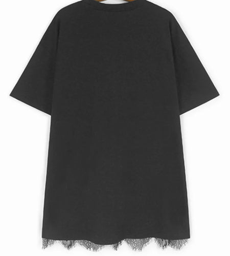 Women Black Lace Spliced Elegant Big Size Long T-shirt New Round Neck Short Sleeve Fashion Tide Spring Summer 2025 1DJ0585