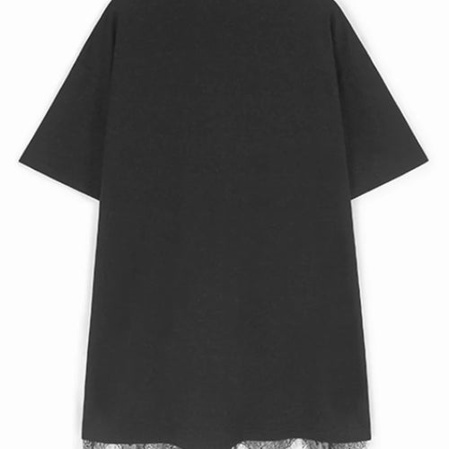 Load image into Gallery viewer, Women Black Lace Spliced Elegant Big Size Long T-shirt New Round Neck Short Sleeve Fashion Tide Spring Summer 2025 1DJ0585
