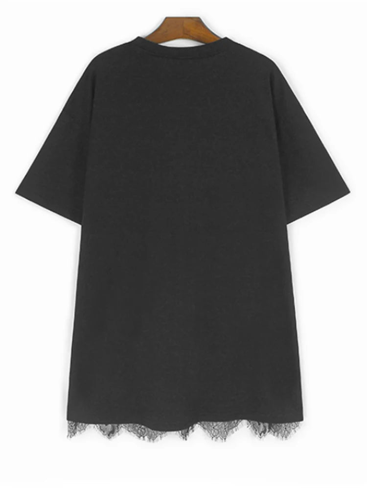 Women Black Lace Spliced Elegant Big Size Long T-shirt New Round Neck Short Sleeve Fashion Tide Spring Summer 2025 1DJ0585